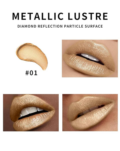 Shimmer Lipstick Long Lasting for Women with Metallic 3D Shine Hydrating Formula, Diamond Nude Glitter Lip Balm Tinted Glossy Lip Gloss High Impact Lip Color Nonstick Full-Coverage Lip Makeup-01