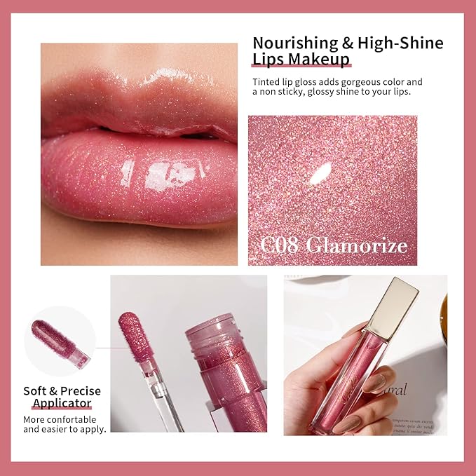 Oulac Glitter Hydrating Lipgloss Set with Mirror Finish Moisturizing & Reduce Fine Lines Lip Oil Refuse Chapped Lips Non Sticky Lip Gloss for Girls Women, 4.5ml/0.15fl.oz,Pink Glam(C06)