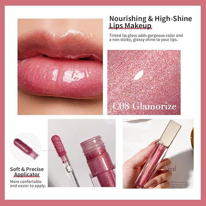 Oulac Glitter Hydrating Lipgloss Set with Mirror Finish Moisturizing & Reduce Fine Lines Lip Oil Refuse Chapped Lips Non Sticky Lip Gloss for Girls Women, 4.5ml/0.15fl.oz,Pink Glam(C06)