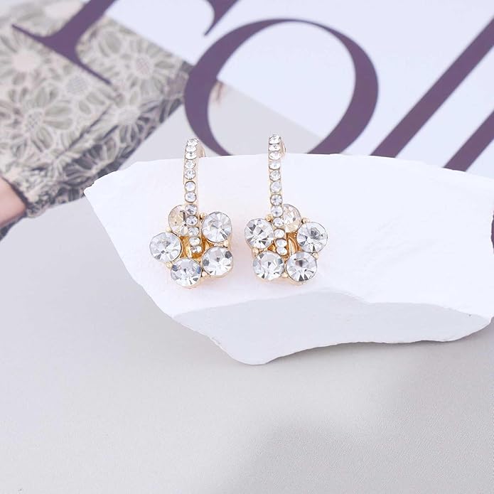 Vintage Rhinestone Flower Drop Earrings Crystal