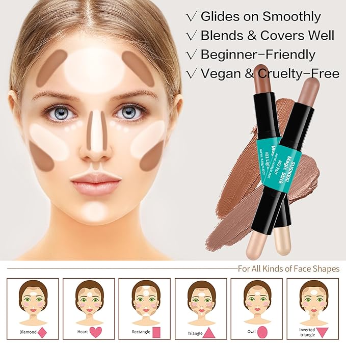 Contour Stick, 2Pcs Dual-Ended Highlighter Makeup Pen & + 02#)