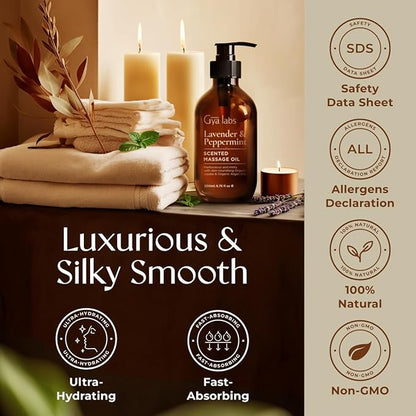 Gya Labs Lavender & Peppermint Massage Oil - 6.76 Fl Oz - 100% Pure Natural Aromatherapy Body Massage Oil for All Skin Types & Sore Muscles - Crafted with Jojoba, Argan, Sunflower & Sweet Almond