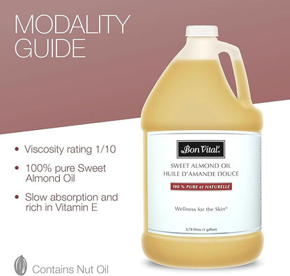 Bon Vital' Sweet Almond Oil Skin & Hair Moisturizer & Gentle Massage Oil, Carrier Oil for Diffusers, Improve Hair Texture and Hydrate Skin, 100% Pure Massage Therapy Oil, 1 Gallon