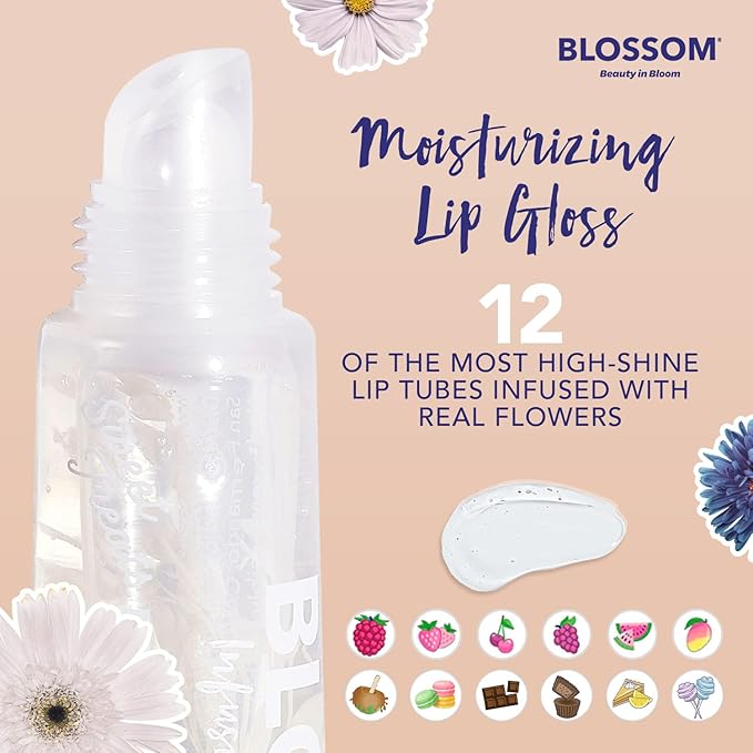 Blossom Scented Moisturizing Lip Gloss Tubes, Infused with Real Flowers, 0.3 fl. oz/9ml, Coconut Macaroon