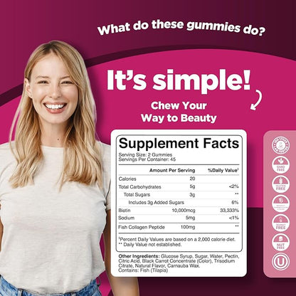 Hydrolyzed Collagen Peptides for Women with Biotin - Hair, Skin and Nails Vitamins for Elasticity, Vitality & Hydration Gummies - Naturally Sourced Biotin and Collagen for Women - 90 Count