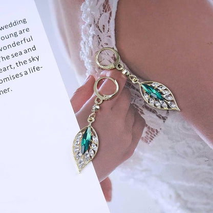 Vintage Emerald Leaf Earrings Rhinestone Leaf Drop Earrings