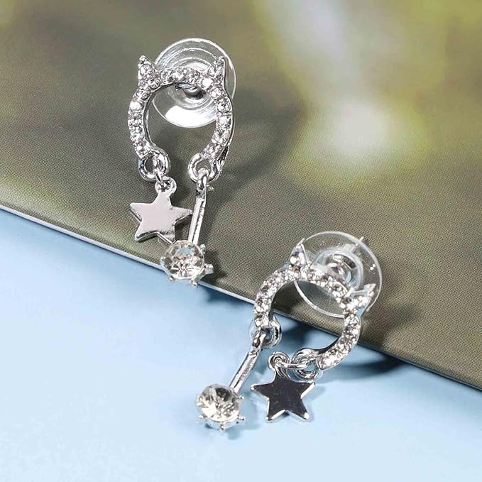 Crystal Cat Studs Earrings Silver Crystal Star Dangle