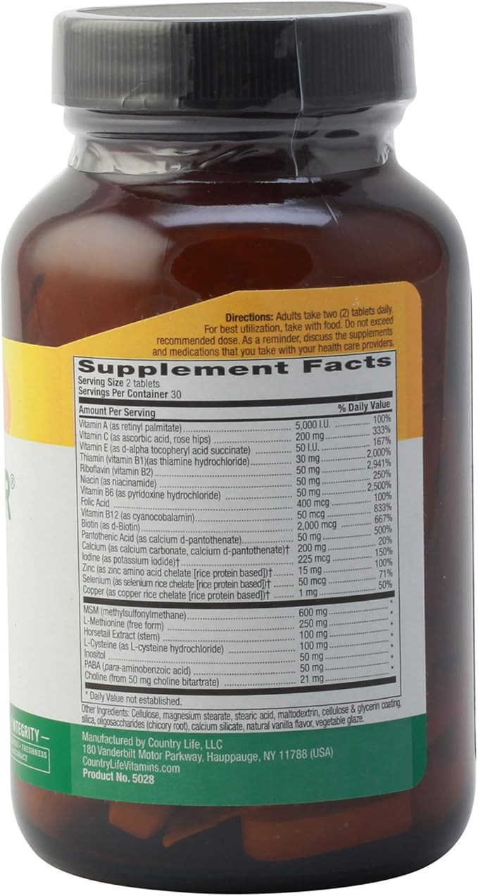 Country Life Maxi-Hair Supplement - 2000mcg Biotin & Vitamins for Hair, Skin & Nails - Certified Gluten-Free & Vegetarian - Supports Hair Growth, 60 Tablets