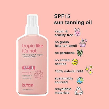 b.tan SPF 15 Deep Dry Spray Tanning Oil | Tropic Like It's Hot - Keeps Skin Hydrated & Hot from Grapefruit, Tangerine, Vitamins C, B5, E, A, 8 Fl Oz