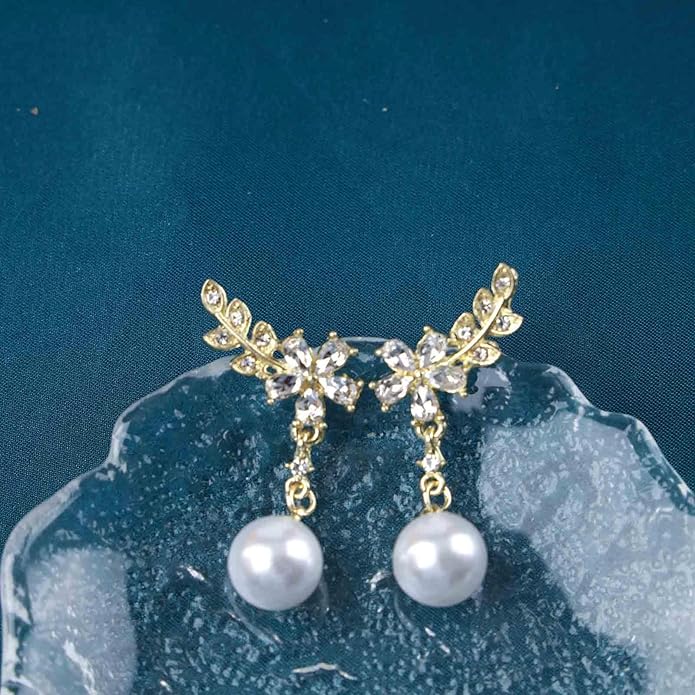 Vintage Crystal Flower Ear Climber Earrings Rhinestone Pearl