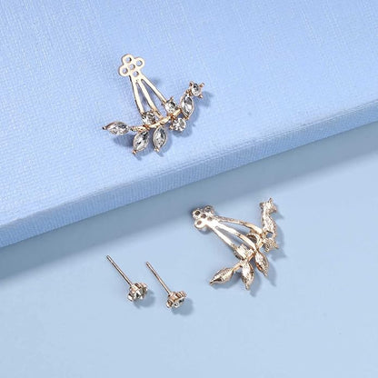 Boho Crystal Leaf Ear Jackets Earrings Gold Cz