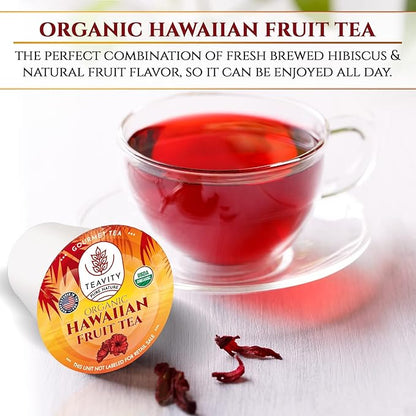 Organic Hibiscus Sabdariffa Tea Pods with Peach, Mango, & Passionfruit - Naturally Decaf Tea - Hawaiian Fruit Tea by Teavity (24 Tea Pods)