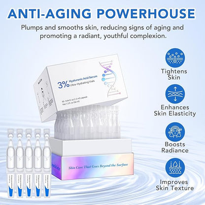 3% Hyaluronic Acid Serum, Ultra Hydrating Serum for face, Hyaluronic Acid Tubes | Pre-makeup SkinCare | Single-Use Hydrating Vials Skincare for Dry & Sensitive skin, 30 Count