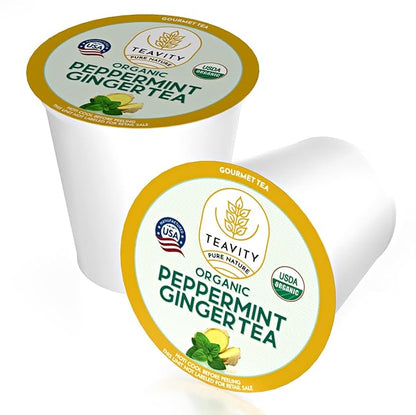 Organic Ginger Tea Pods for Keurig with Organic Peppermint Tea - Decaf Tea for K Cup Brewing Peppermint Ginger by Teavity (12 Tea Pods)
