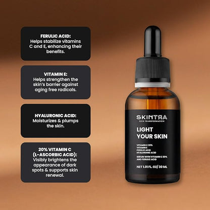 Light Your Skin Vitamin C 20% & Ferulic Acid Serum - Brightening Anti-Aging Formula with Vitamin E - Fades Dark Spots & Improves Skin Tone - Vegan, 30 ml/Net 1.01 Fl. Oz