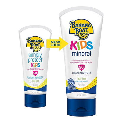 Banana Boat Kids Mineral Sunscreen Lotion SPF 50 Twin Pack and Sport Sunscreen Roll On Lotion SPF 60 Travel Size