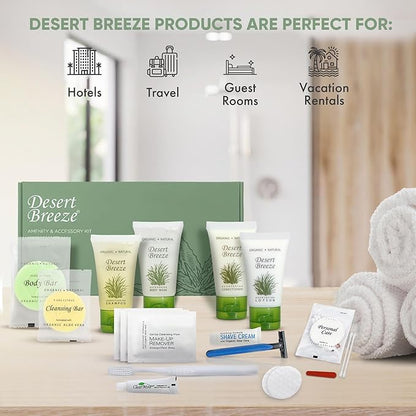 Desert Breeze Amenity & Accessory Kit | 1 oz Travel Size Shampoo, Conditioner, Lotion, Body Wash, Body Bar, Cleansing Bar, Shave & Dental Sets, Make-Up Remover Wipes, & Vanity Kit | 15 sets per case