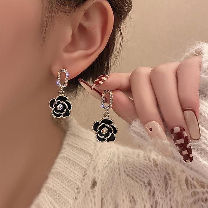 Vintage Black Crystal Flower Drop Earrings