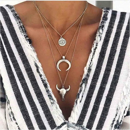 Boho Layered Moon Necklace Silver Compass