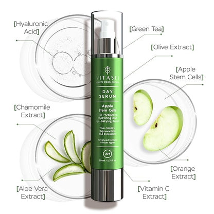 AM Day Serum W/Apple Stem Cells, Hyaluronic Acid, Green Tea, Chamomile Extract, Orange, Vitamin C, Olive & Aloe Vera for Face - Anti-Aging & Moisturizing Facial Serum for Women - 1.7 Fl oz
