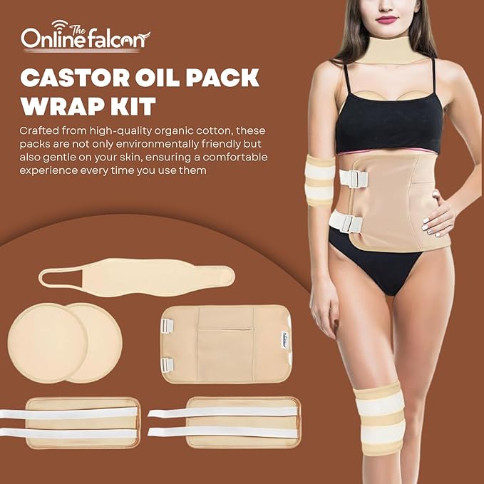 Castor Oil Pack Wrap Kit, 6 Pcs Organic Cotton, Adjustable Strap for Neck, Waist, Chest, Knee, Reusable, Washable - Detox, Constipation, Inflammation (Khakhi)