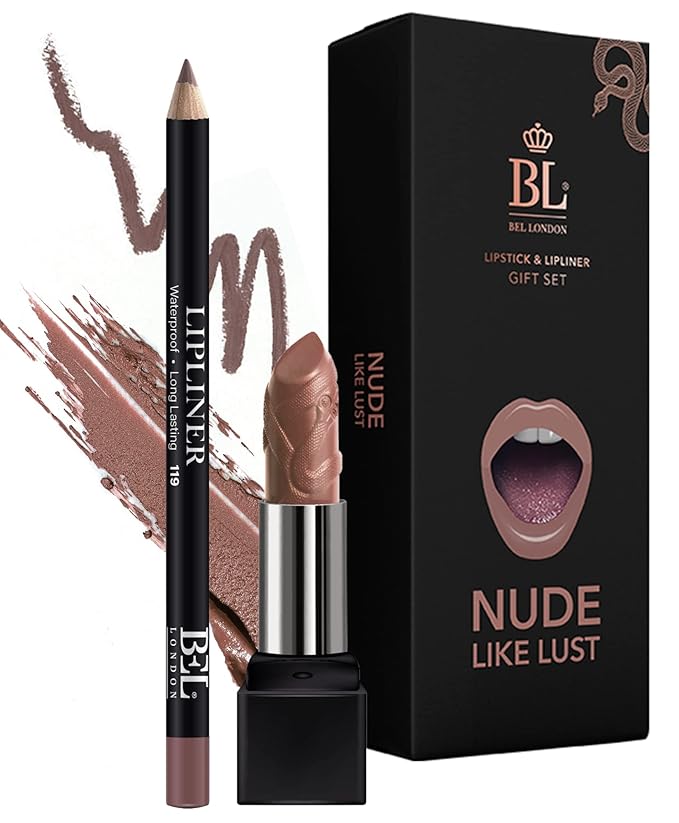 BL Color Matched Lip Liner & Lipstick Set (Nude) - Full-Coverage Argan Long Lasting Lipstick and Lip Liner Set With Natural Oils for Nourishment, Hydration, & Protection - Chemical-Free