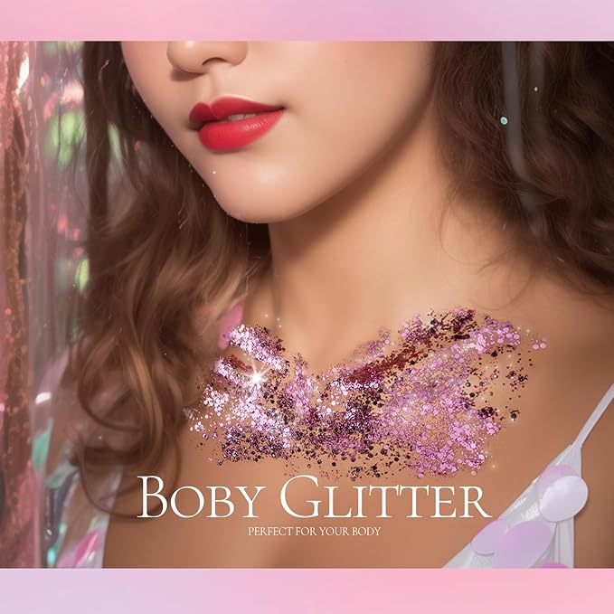 Teenitor Pink Body Glitter, Chunky Face Glitter, Pink Glitter Makeup 80g