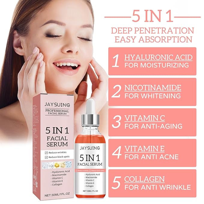 "5-in-1 Vitamin C Face Serum with Hyaluronic Acid, Collagen, Niacinamide - Anti-Aging & Moisturizing Formula for Firm, Even Skin Tone - 30ml"