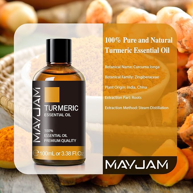 Turmeric Essential Oil, MAYJAM Pure Essential Oils for Diffusers, 3.38FL.OZ/100ML Large Volume Turmeric Oil with Premium Glass Dropper