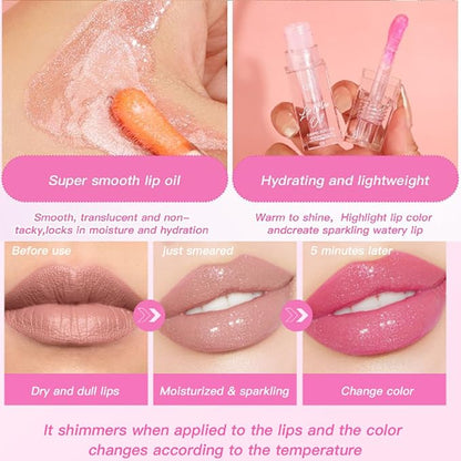 Magic Color Changing Lip Oil, 2024 New Warm Change Moisturizing Lip Gloss Hydrating Lip Oil, New Upgraded Magic Big Brush Color Changing Lip Oil Long Lasting Nourishing (Pink 01#)