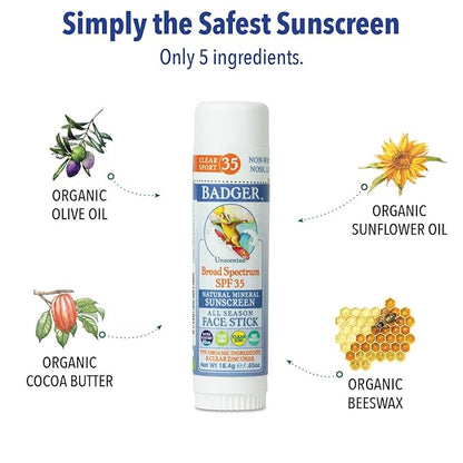 Badger Mineral Sunscreen Combo, SPF 30 Cream & SPF 35 Face Stick, Organic Reef Safe Broad Spectrum Water Resistant with Zinc Oxide, Unscented