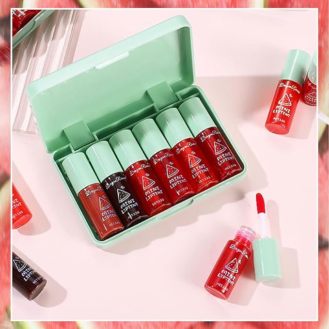 Sulily 6 Colors Lip Gloss,korean Waterproof Lip Tint Stain Moisturizing Natural Mini Liquid Lipstick,Multi-use Lip and Cheek Tint,Non-Stick Cup, High Pigment Long-Lasting lip stain,Watermelon