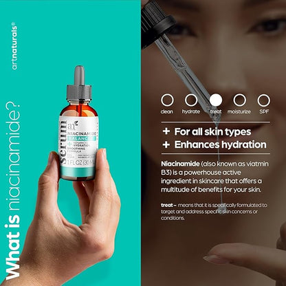 Artnaturals Niacinamide Face Serum, 10% Active Niacinamide with 1% Zinc PCA & Vitamin B3 - Hyaluronic Acid, Pore Reducer, Mineral Blemish Protection, 1 oz