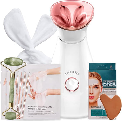 Colorfarm Facial Steamer Skin Care Kit: Face Steamer Home Spa Deep Cleaning Unclogs Pores with 6 Skin Care Tools - Relaxing Self Care Gifts for Women (Face Lifting & Sculpting Firming Skincare Set)