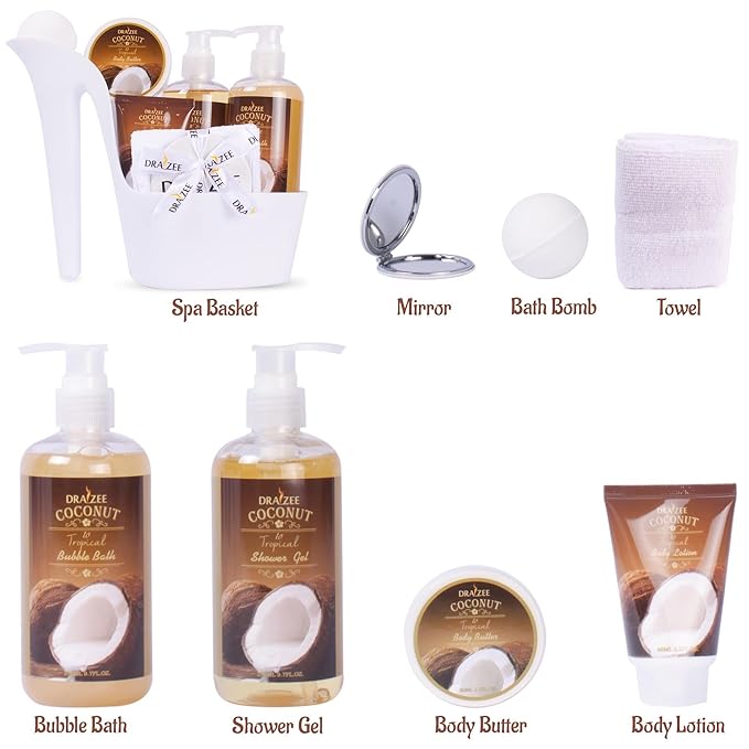 Draizee Mothers Day Gifts for Mom- Spa Gift Baskets for Women, 8 Pcs Luxury Coconut Scented Heel Shoe Design Bath and Body Spa Set, Presents for Mom, Body Care Set for Her, Self Care Package for Women