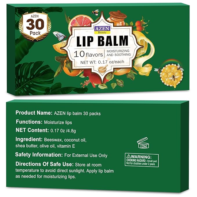 AZEN 30 Pack Lip Balm, Natural