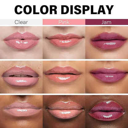 3 Colors Glow Lip Oil Tinted, Nourishing Tinted Lip Glow Oil For A High-shine Finish, Moisturizing Fat Oil for Dry Lip, Shiny and Vegan Tinted Lip Oil (Clear+Jam+Pink)