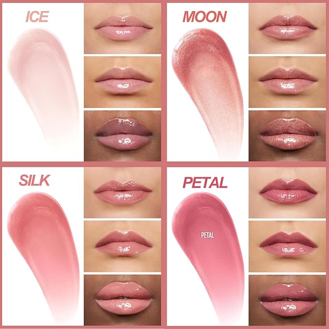 4 Pcs Hydrating Lip Gloss, ICE/MOON/SILK/PETAL High Moisturizing Oil Tint with Hyaluronic Acid, High Shine for Plumper Looking Lips (#A)