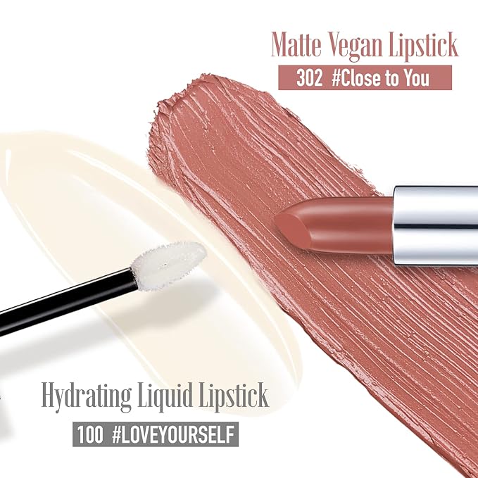 READY TO SHINE Matte Vegan Creamy Satin Lipstick and Clear Lip Glow Set-CRUSH ON YOU (302-Close to You+100-Love Yourself)