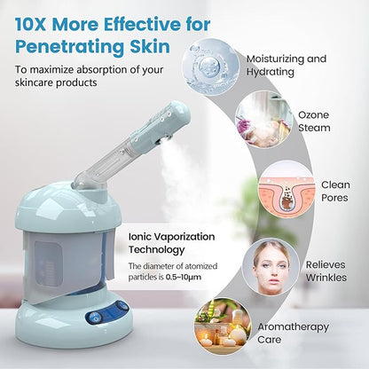 Nisperos Nano Ionic Facial Steamer - 360° Rotatable Sprayer - 40 Minutes Warm Mist - Humidifier - Professional Face Steamer for Facial Deep Cleaning (Light Blue)