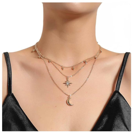 Bohemia Layered Star Choker Necklace Crescent Moon Pendant