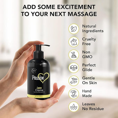 Passion Sensual Massage Oil for Date Night | 100% Natural Body Oil for Couples with Jojoba & Almond | Aromatherapy & Relaxing Massage Therapy | Perfect Glide & Smooth Skin | Lemon Crème Scent