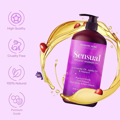 MAJESTIC PURE Organic Sensual Massage Oil for Couples - Relaxing Full Body Oil for Date Night with Vitamin E - Vegan Lavender Massage Oil for Massage Therapy Smooth Gliding Formula 8 Fl Oz