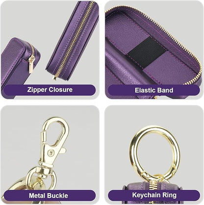 Bocasal Leather Lipstick Case Holder Chapstick Keychain Pouch, Zipper Lip Balm Lip Gloss Bag for Purse with Elastic Band, Makeup Travel Organizer, Cosmetic Storage Kit for Women Girls (Dark Purple)
