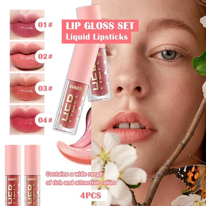 4PCS Shimmer Lip Gloss Set,Moisturizing Lip Plumping Lip Gloss Liquid Lipstick Set,Lip Stain Long Lasting Non-Stick Lip Gloss Set,High Shine Lip Glaze Lipgloss Makeup Set for Women