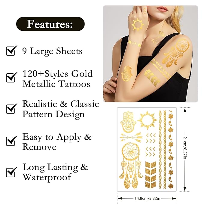 Konsait 9 Sheets Metallic Tattoos, Elaborate Floral Elephant Festival Accessories