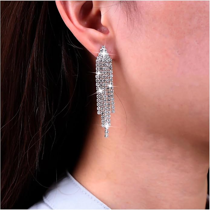 Vintage Rhinestone Chandelier Tassel Earrings Crystal Chain Drop