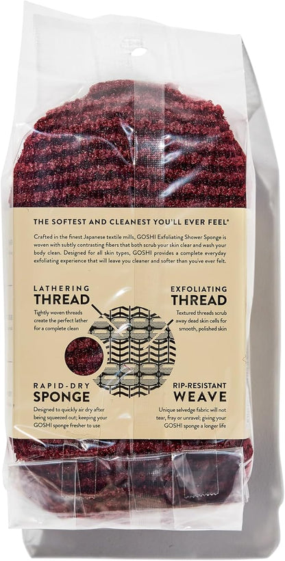 GOSHI Exfoliating Shower Sponge - Rip-Resistant, Rapid-Drying Exfoliating Bath Sponge for All Skin Types - Brick Red - Made in Japan