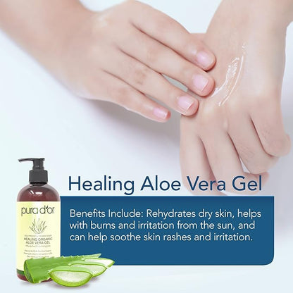 PURA D'OR 16 Oz ORGANIC Aloe Vera Gel - Lemongrass - All Natural - ZERO Artificial Preservatives - Deeply Hydrating & Moisturizing - Sunburn, Bug Bites, Rashes, Small Cuts, Eczema Relief - Skin & Hair