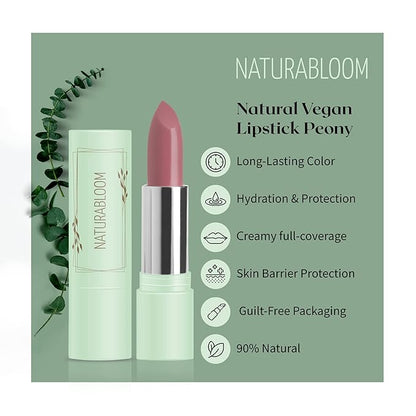 Vegan Lipstick (Peony) - Sensational One-Stroke Long Lasting Lipstick from Natural Oils & Butters Full-Coverage Lip Color with Shea Butter & Coconut Extact - Premium Hydrating Lipsticks